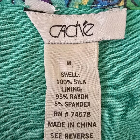 CACHE 100% SILK ONE-SHOULDER GREEN AND BLUE PAISLEY PRINT BLOUSE WOMENS SIZE MED - Picture 8 of 10